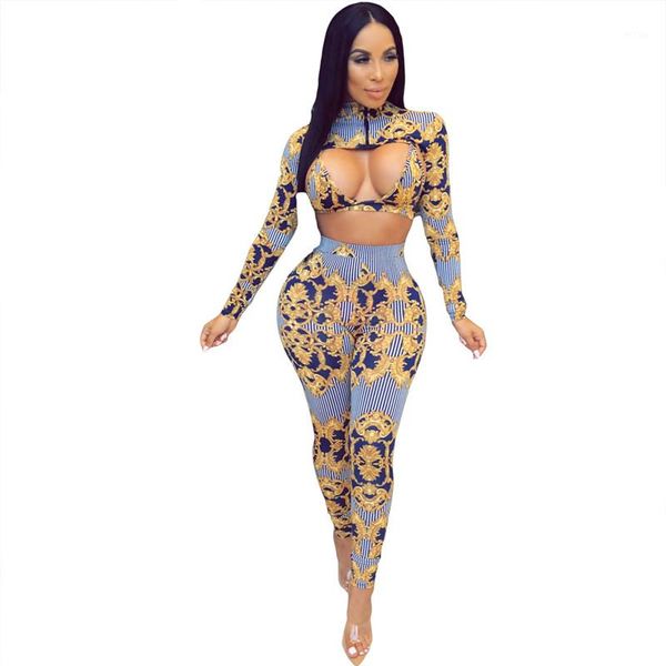 

club winter womens designer pants suits skinny backless hollow out 3pcs long sleeve long pants womens suits floral striped sexy, White