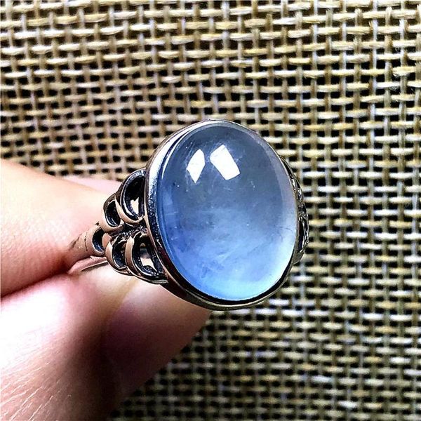 

15x12mm genuine natural ocean blue aquamarine ring for woman man crystal 925 silver beads stone adjustable ring jewelry, Golden;silver