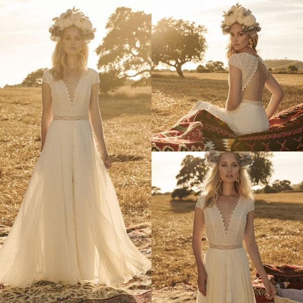 

modest rembo styling bohemian simple v neck short sleeve hollow wedding dresses lace tulle wedding gown sweep train robe de mariÃ©e, White