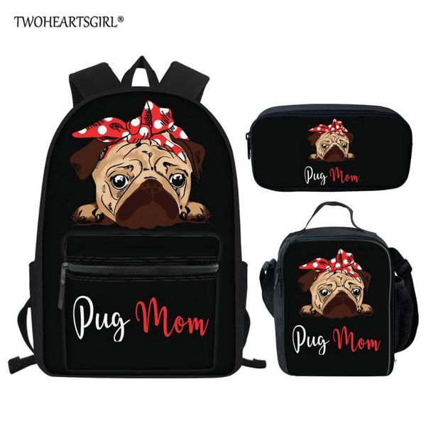 

twoheartsgirl 3pcs/set schoolbag backpack for children lovely pug print teen girls boys school bag students dog book bags