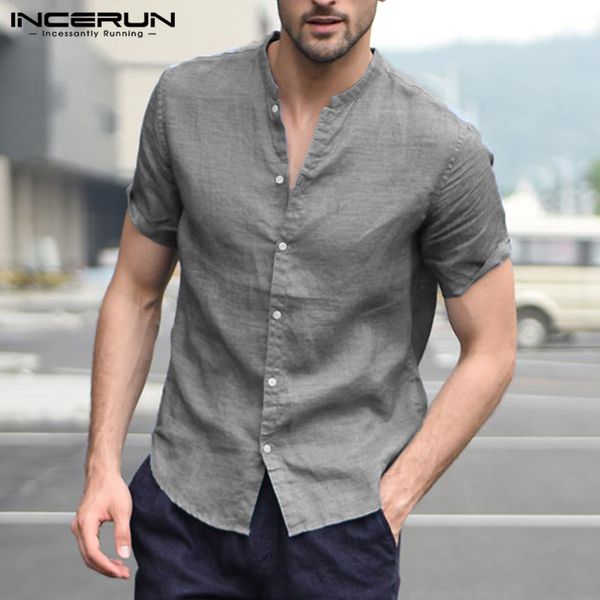 

incerun fashion short sleeve men shirt stand collar solid color summer camisa masculina streetwear men casual brand shirts, White;black