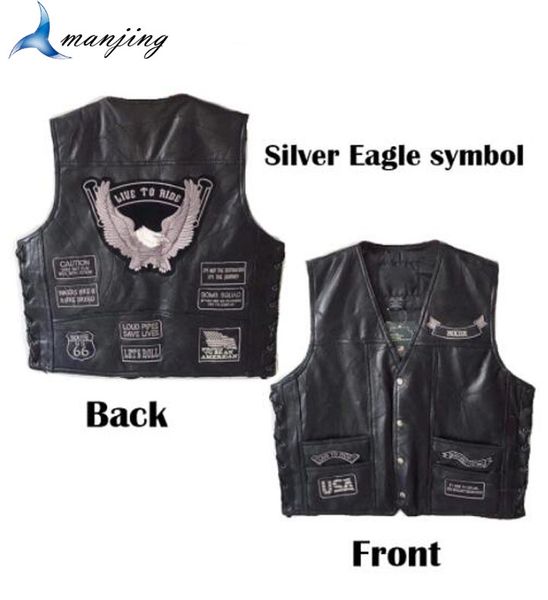 

silver eagle full black retro style harlly motorcycle leather vest sheepskin embroidered symbol riding smart music club jacket