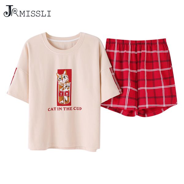 

jrmissli cartoon cat print women's pajamas suit home service ladies casual pyjamas big yards -xxl pijamas mujer, Blue;gray