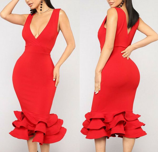 

2019 lady red dress womens v neck ruffle sleeveless dress wedding party evening party summer formal, Black;gray