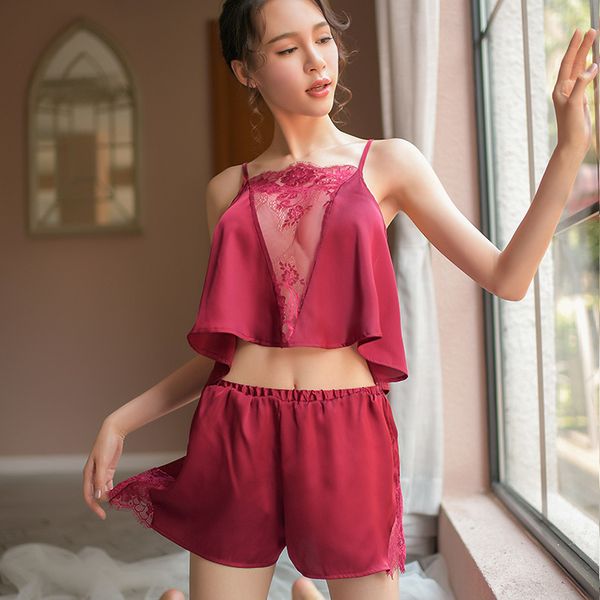 

yeng temptation pajamas female split thin section micro-transparent ice silk lace pajamas set, Black;red