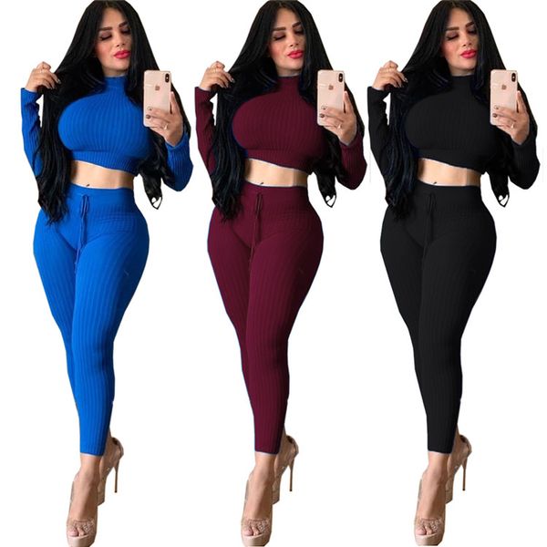 

customized vintage women sets solid color two piece turtleneck long sleeve striped lumbar suits outfit, White
