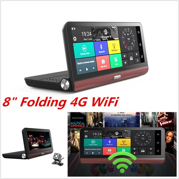 8/" 4G Folding WiFi Android Car Dash Kit DVR Dual Camera GPS Navigation Free Map