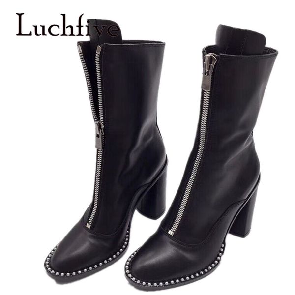 

geunine leather bordered black boots zipper embellished block heel winter shoes women