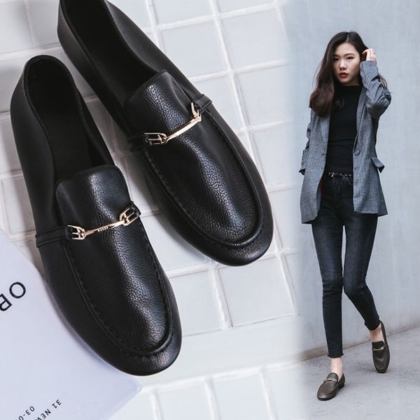 

genuine leather loafers women's full-grain leather women's spring and autumn shoes flat shoes casual england flat small le, Black