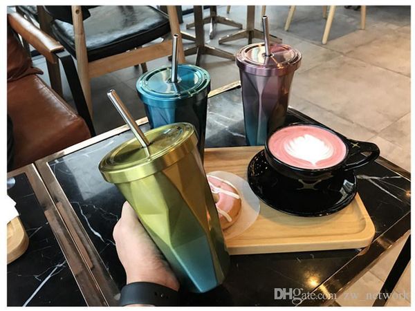 

500ml tube cup irregular rhombus coffee mugs double stainless steel straw cup funny mugs for gift personalize coffee cup 77