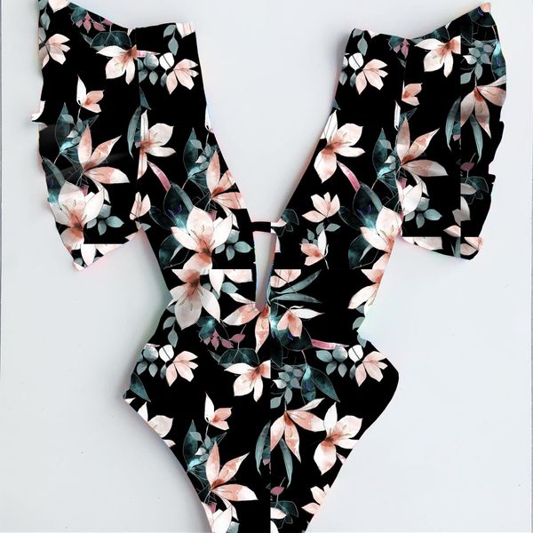 

sexy 2020 new one piece купальники женщины купальники цветочные печати проложенный купальный костюм cut out пляжная одежда трико монокини же, White;black
