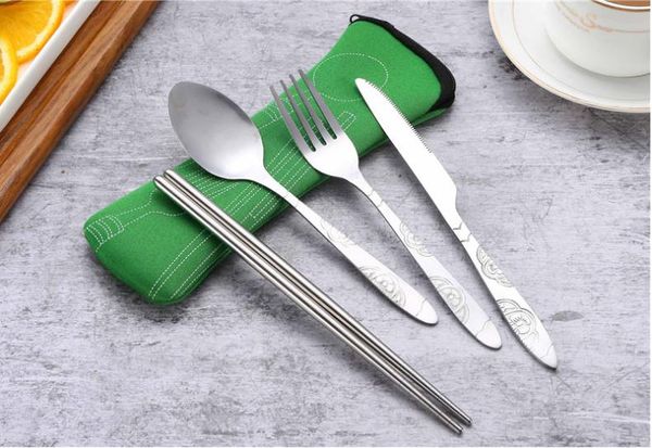 4pcs reutilizável Faqueiro de viagem reusável Lunch Box Utensílios Faca, Garfo, Colher Chopsticks Set viagem de acampamento com Neoprene Case SN3983