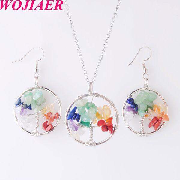 

wojiaer reiki jewelry sets tree of life natural tiger s eye turquoise crystal gem stone drop earrings necklaces healing dbq800, Black