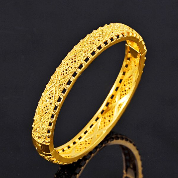 

bohemia bangle yellow gold filled hollow womens bracelet diameter 60mm openable, Black