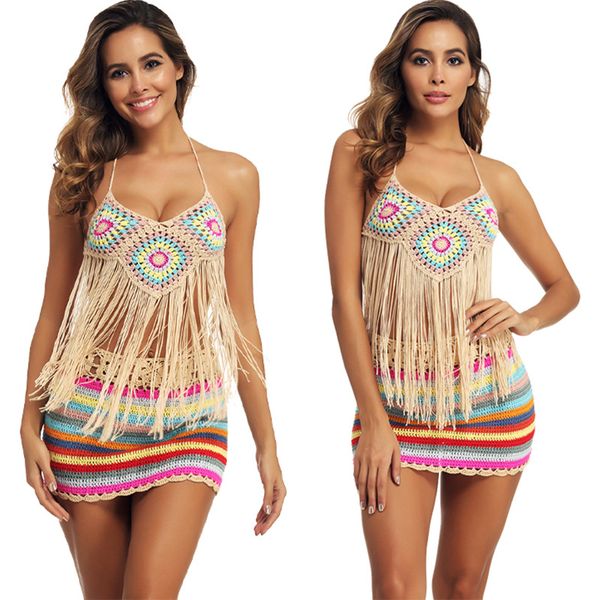 

2pcs/set 2020 new handmade crochet rainbow halter long tassel skirts bikini swimwear cover ups beachwear cover up, White;black