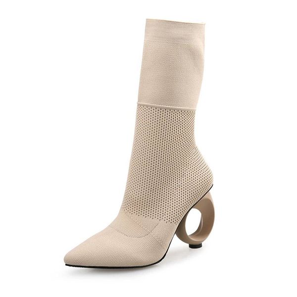 

autumn winter new design women mid-calf boots knitted stretch fabric sewing boots fretwork heel pointed toe woman, Black