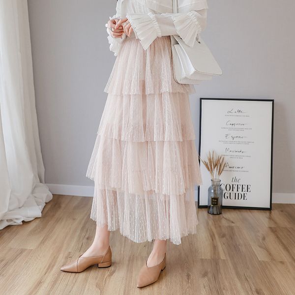 

skirts 2021 summer sweet cake layered long mesh pleated princess high waist ruffled vintage tiered tulle ins b10, Black