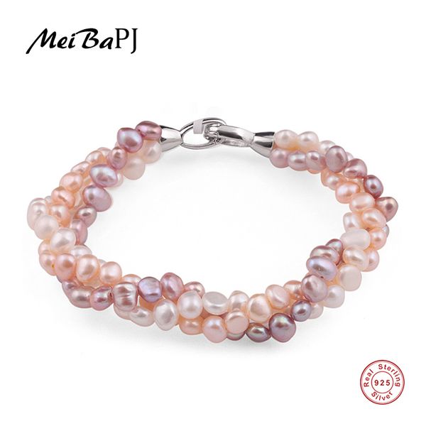 

meibapj natural mixed color pearl bracelet pure handmade bangle freshwater pearl with real 925 silver clasp fine jewelry sl-113, Golden;silver