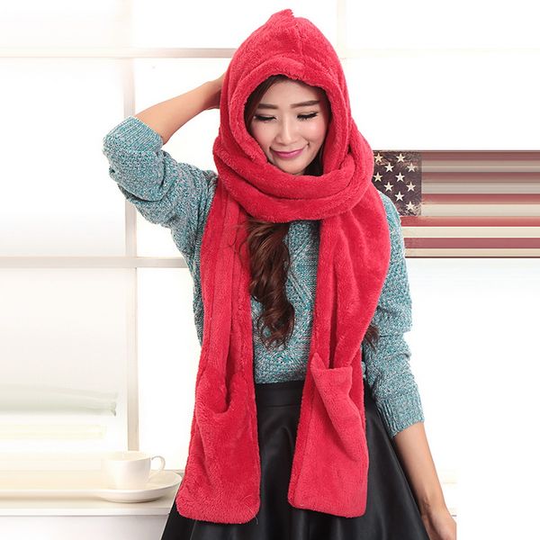 

drop shipping oeak new ladies autumn and winter three-in-one plush bib scarf hat gloves three-piece one scarf all yards, Blue;gray