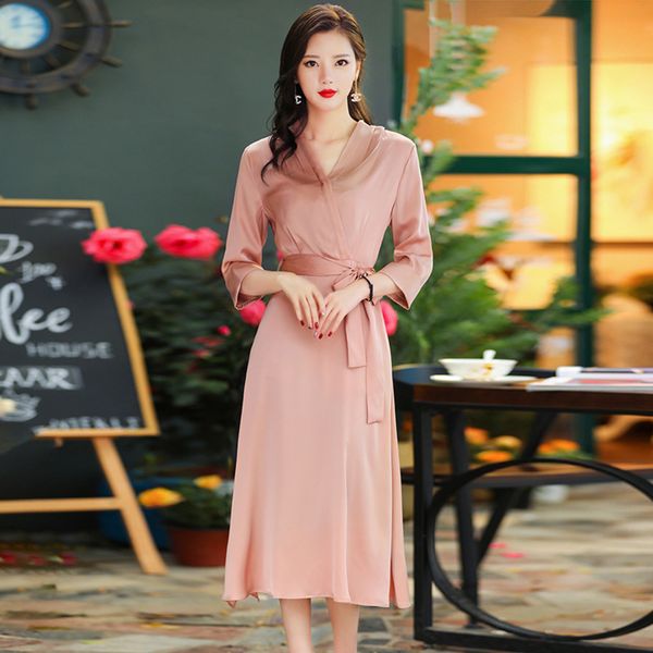 

женский дизайнерский темперамент атласный шелк сезон тонкий похудение v-образным вырезом с семью точками рукава длинное dresseis5, Black;gray