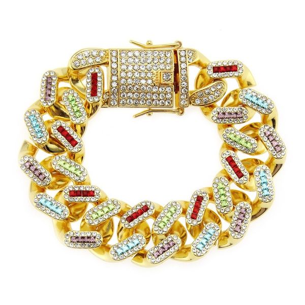 

1pcs 2020 fashion punk men's hips hops gold 22mm cuban bracelet pave colorful rainbow crystal cuban chain bracelet jewelry, Golden;silver