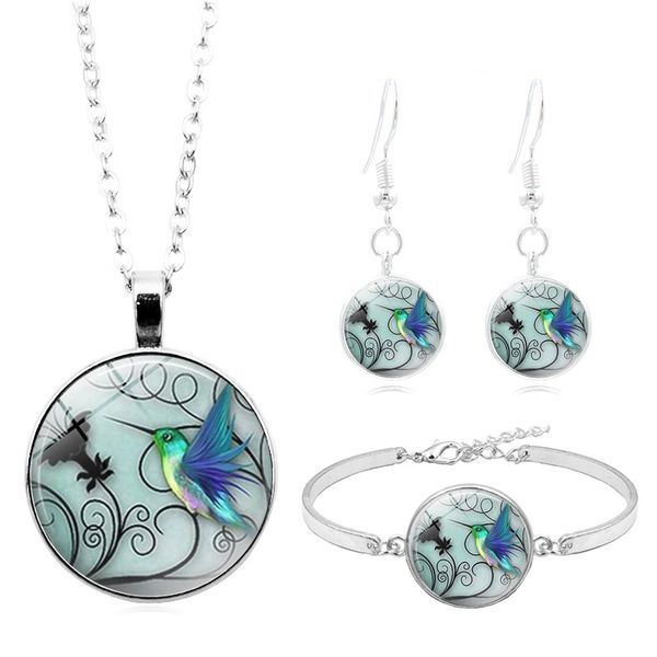 

hummingbird jewelry sets silver fashion little bird p cabochon glass necklace bracelet earring jewelry sets for women