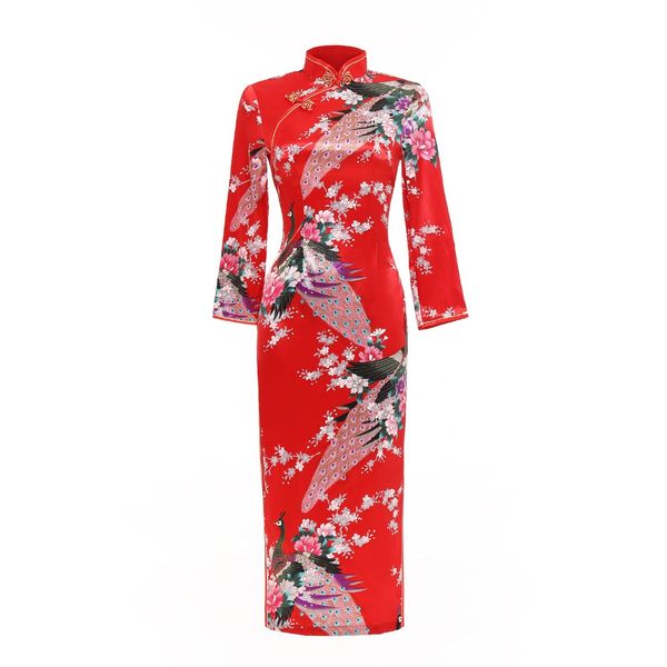 

shanghai story faux silk floral qipao long chinese dress vintage chinese style dress oriental peacock cheongsam, Red