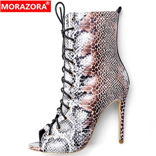 

morazora 2020 new arrive ankle boots women snake peep toe summer boots lace up thin high heel party prom shoes ladies, Black