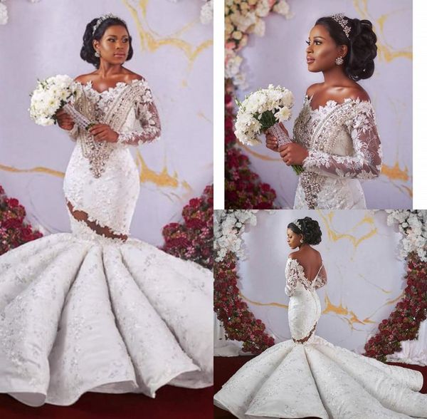 

shinny crystal african off shoulder mermaid wedding dresses luxury long sleeves open back sheer lace bridal gown plus size custom made, White
