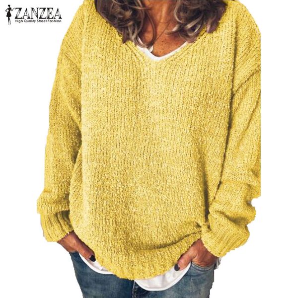 

autumn long sleeve sweater zanzea women v neck solid knitted blusas loose pullover female jumper casual basic sweaters knitwear, White;black