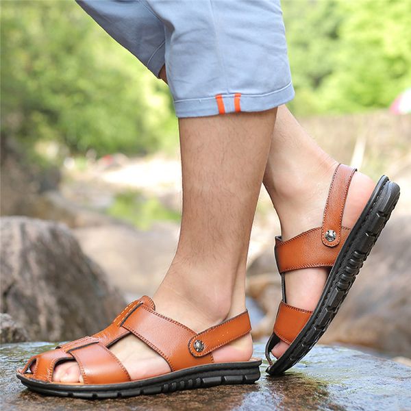 

summer men beach sandals men's fashion hollowed genuine leather sandals breathable man casual shoes father leather, Black