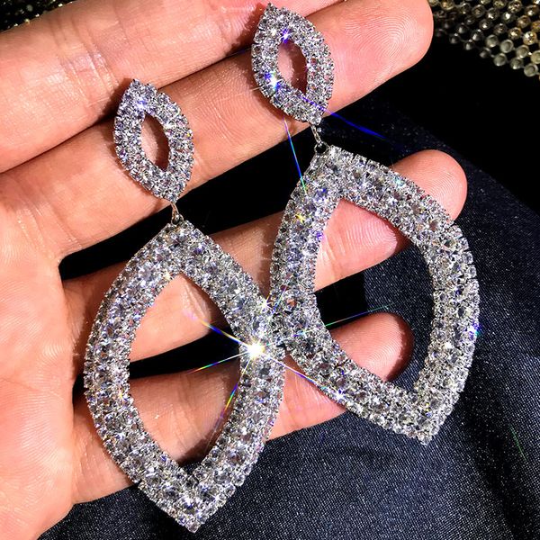 

flatfoosie elegant full rhinestone earrings for women fashion geometric shiny luxury crystal water drop earrings wedding jewelry, Silver