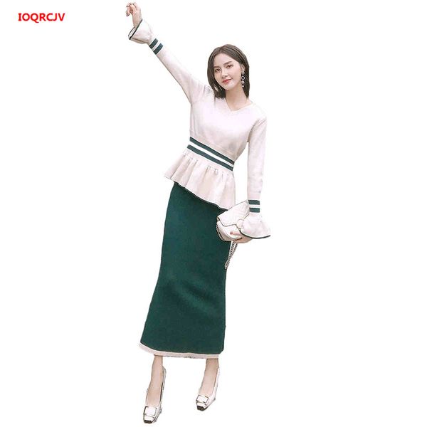 

fashion two piece set women dress 2019 autumn winter knitted long sleeve sweater and high waist split slim midi skirt suit, Black;gray