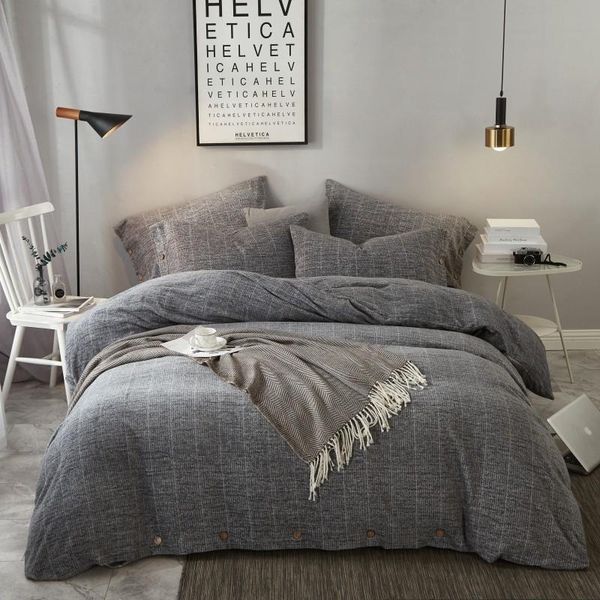 

bedding sets cotton fleece sleep warmth set  king size jpcs navy blue/grey stripes button duvet cover flat/fitted bed sheet