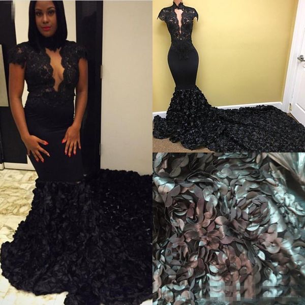 

Sexy High Neck Black Mermaid Prom Dresses 2019 Black Girls Long Train Rose Flowers Lace Long Formal Evening Gowns Party Dress