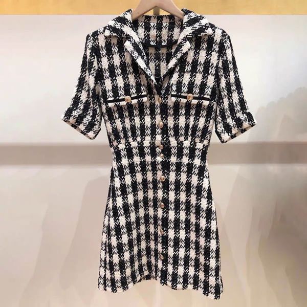 

2020 spring summer short sleeve notched-lapel white black plaid print tweed buttons short mini dress women fashion dresses w1815062, Black;gray