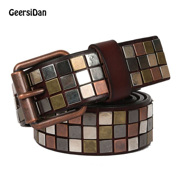 

geersida design male belt genuine leather men's belt vintage wide rivet pin buckle for men jeans strap, Black;brown