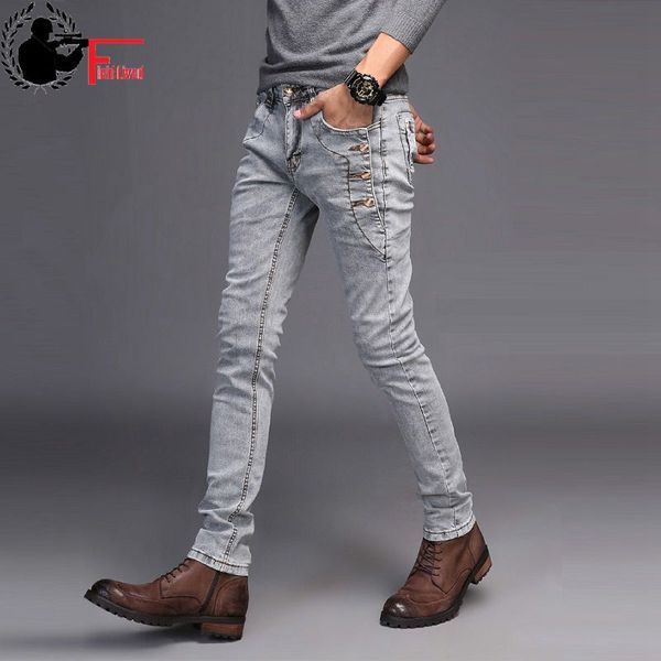 

jeans men young 2019 fashion trend korean style high street streetwear skinny slim fit button denim pant male trouser black blue