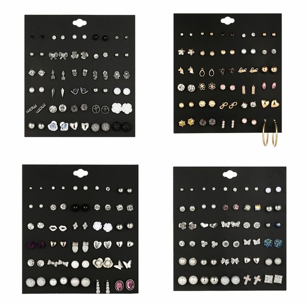 

european and american crossborder popular 30 pairs of earrings pearl geometry multielement flower earrings set alloy block with diamond ears, Golden;silver
