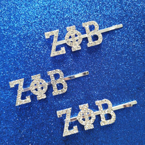 

2020 new arrival customized greek letters hair pins zeta phi beta alphabet bobby pin silver crystal hair clips, White;golden