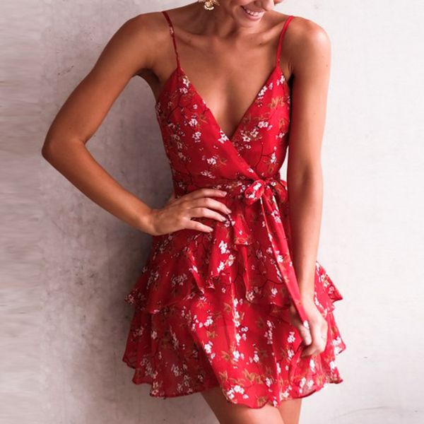 

nlw elegant red print short dress women 2019 summer strap v neck backless dress holiday a-line bow chiffon vestidos, Black;gray