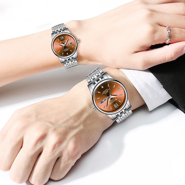 

wlisth wedding couple alloy watches for lovers steel waterproof gifts couples watch man and ladies dress men clock reloj hombre, Slivery;brown