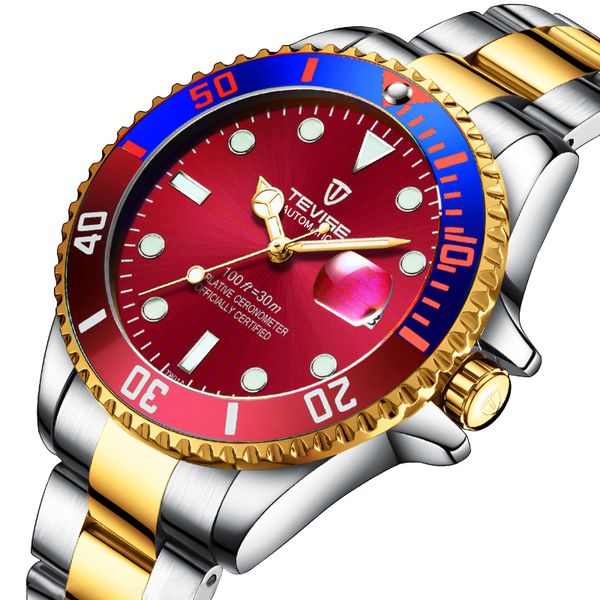 

2019 tevise brand men watch automatic role date fashion luxury stainless steel watch mechanical clock relogio masculino gift, Slivery;brown