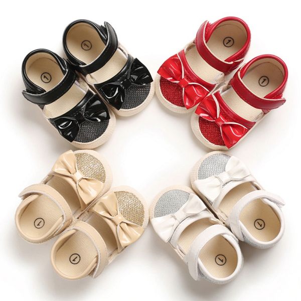 

baby summer sandals newborn baby girls bowknot shoes infant solid non-slip pu leather toddler shoes 0-18 months, Black;red