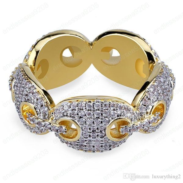 

hip hop ring iced out micro pave zircon chain link ring gold color plated bling jewelry, Silver