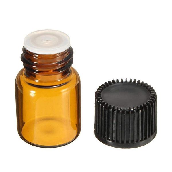 

100 pack 1 ml 2ml mini amber glass essential oils sample bottles with black caps for essential oils lab chemicals,colognes plastic droppers