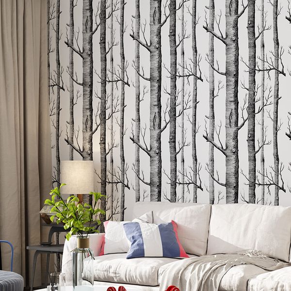 

3d black and white wood trees wallpaper birch trees branch non-woven thick mural wall paper for home decor sofa background wall