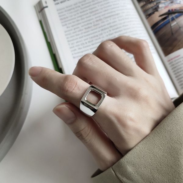 

louleur 925 sterling silver square rings silver openwork geometric glossy wide japan rings for women fashionable jewelry gift, Golden;silver