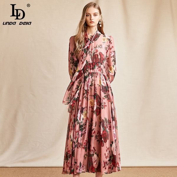 

лд линда делла мода дизайнер старинные печати шифон платье женщин высокой талии 3/4 рукав бантом большие качели тонкий летнее платье миди, Black;gray