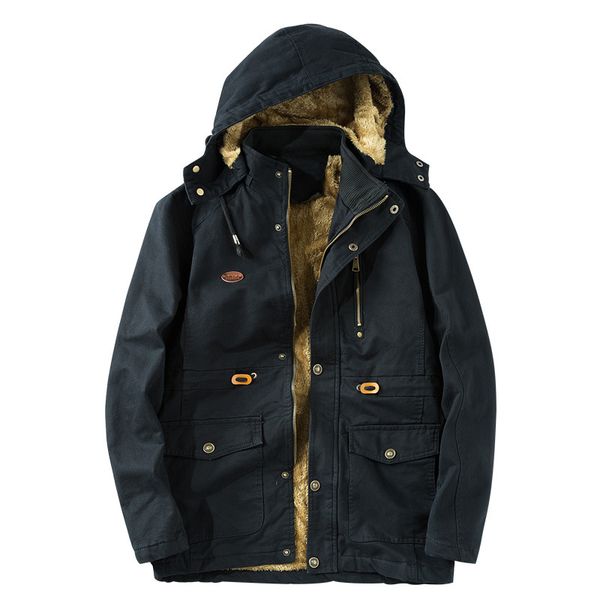 

2019 autumn and winter men brushed and thick jacket workwear coat large size casual hooded mid-length warm coat, Black